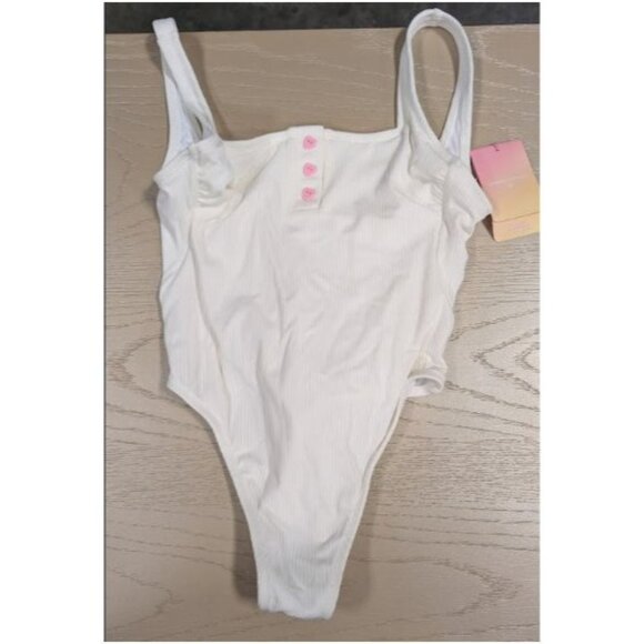 Stoney Clover Lane White Ribbed Henley One-Piece Swimsuit Size Small - Picture 2 of 8